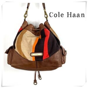 Cole Haan Vintage Retro Canvas Leather Trim Drawstring Shoulder Bag in Brown